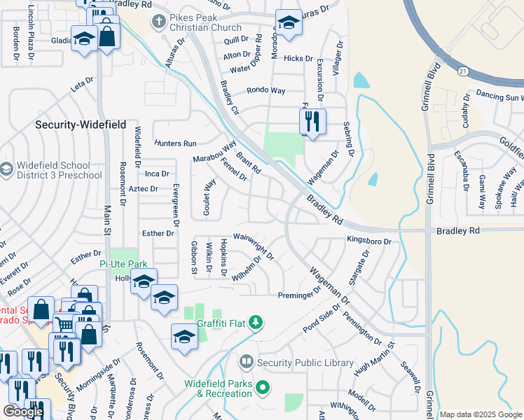 map of restaurants, bars, coffee shops, grocery stores, and more near 4835 Expedition Drive in Colorado Springs