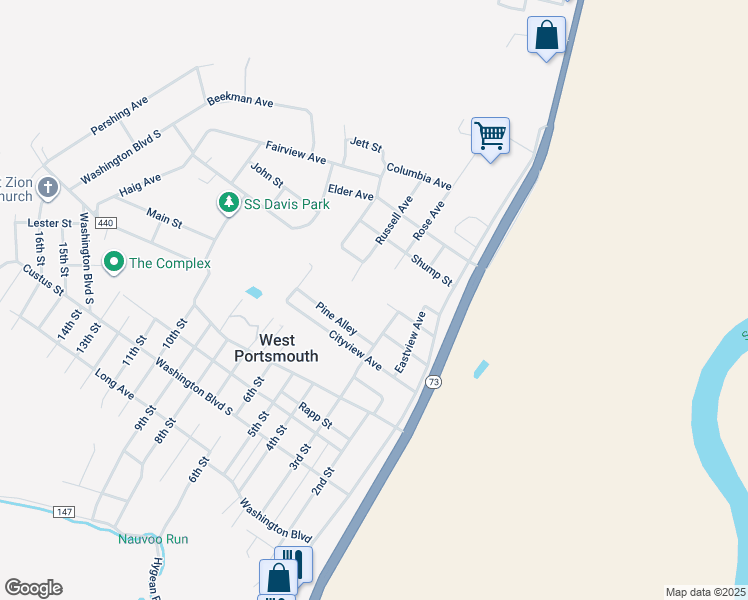 map of restaurants, bars, coffee shops, grocery stores, and more near 302 Maple St in West Portsmouth
