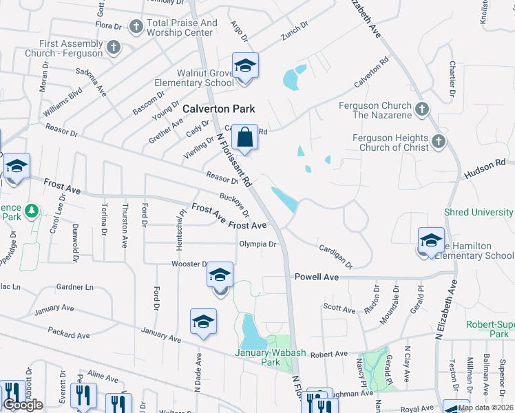 map of restaurants, bars, coffee shops, grocery stores, and more near 7 Buckeye Drive in Ferguson