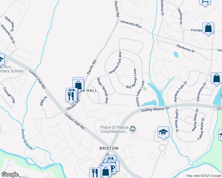 map of restaurants, bars, coffee shops, grocery stores, and more near 12810 Victory Lakes Loop in Bristow