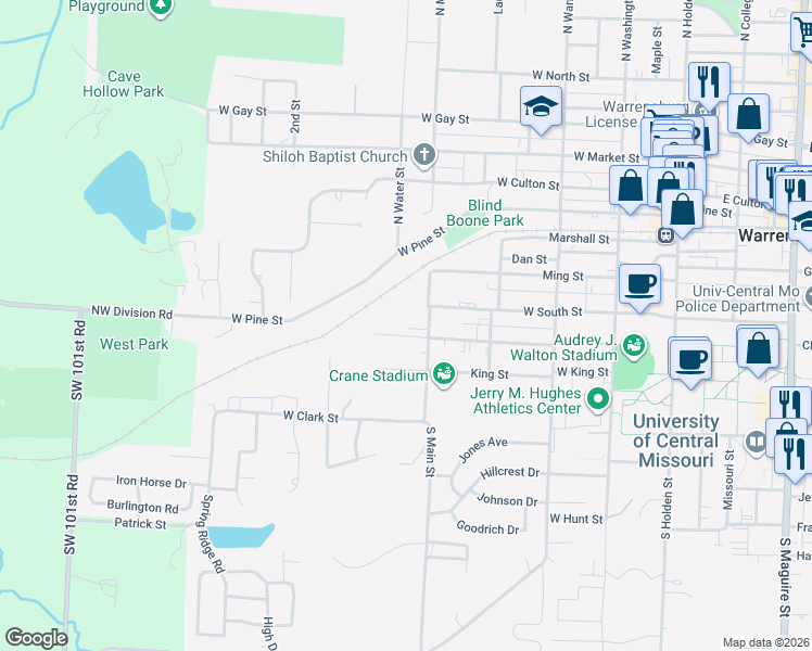 map of restaurants, bars, coffee shops, grocery stores, and more near 503 McGoodwin Street in Warrensburg