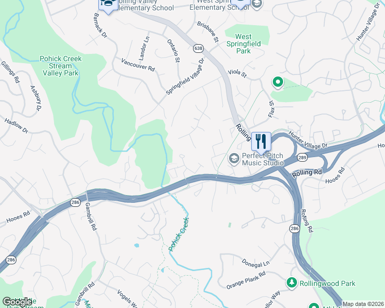 map of restaurants, bars, coffee shops, grocery stores, and more near 7210 Joshua Tree Lane in West Springfield