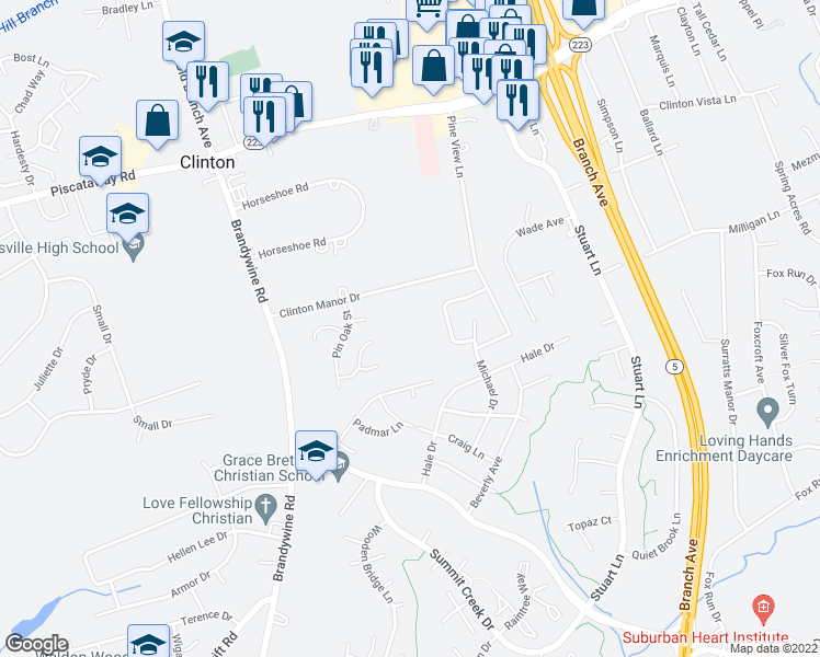 map of restaurants, bars, coffee shops, grocery stores, and more near 6701 Clinton Manor Dr in Clinton
