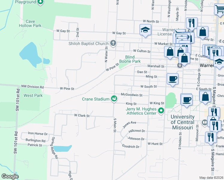map of restaurants, bars, coffee shops, grocery stores, and more near 501 McGoodwin Street in Warrensburg