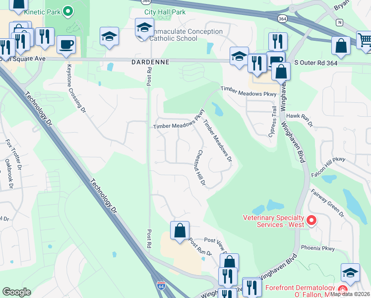 map of restaurants, bars, coffee shops, grocery stores, and more near 321 Copper Tree Court in O'Fallon