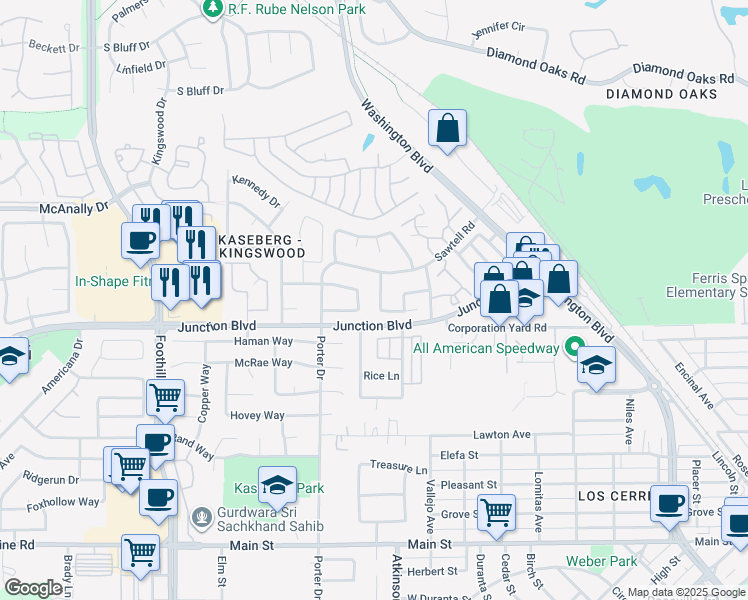 map of restaurants, bars, coffee shops, grocery stores, and more near 343 Hemphill Way in Roseville