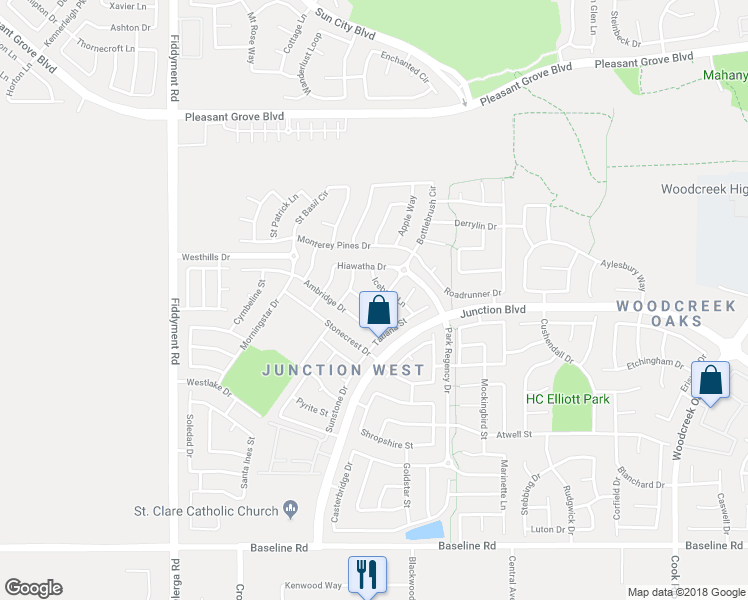 map of restaurants, bars, coffee shops, grocery stores, and more near 1864 Morning Mist Way in Roseville