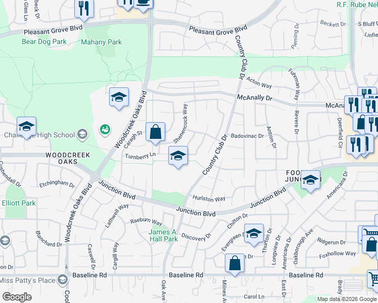 map of restaurants, bars, coffee shops, grocery stores, and more near 1128 Brookline Circle in Roseville
