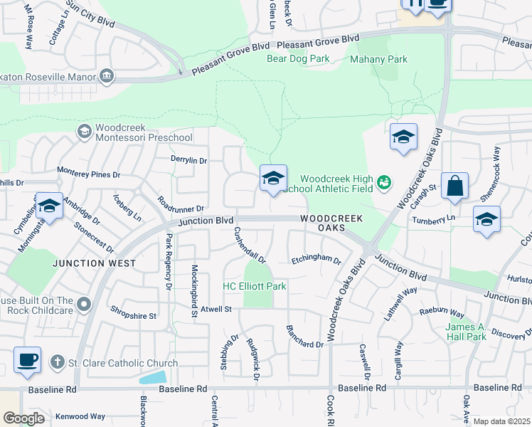 map of restaurants, bars, coffee shops, grocery stores, and more near 256 Berkswell Court in Roseville