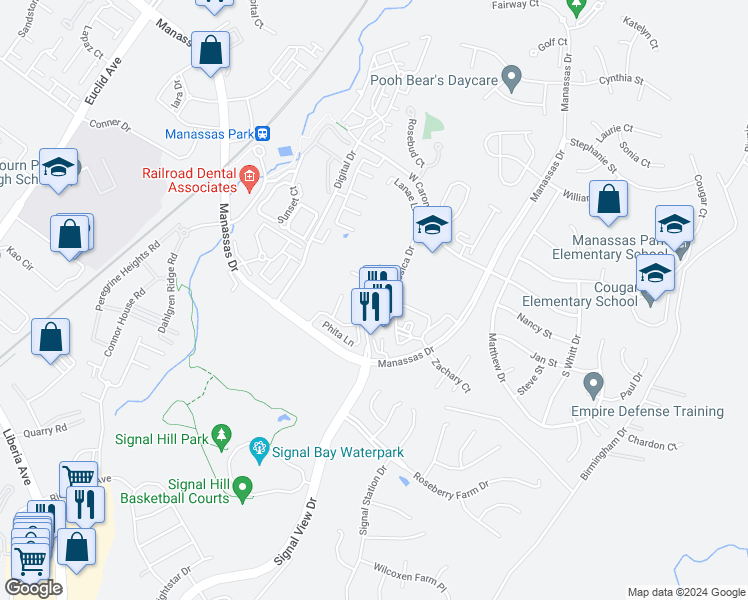 map of restaurants, bars, coffee shops, grocery stores, and more near 9201 Andrew Drive in Manassas Park
