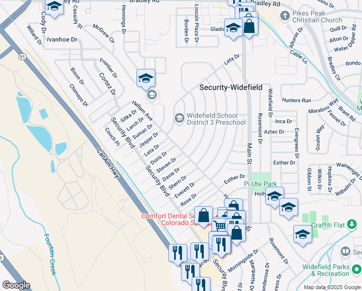 map of restaurants, bars, coffee shops, grocery stores, and more near 1301 Hallam Avenue in Colorado Springs