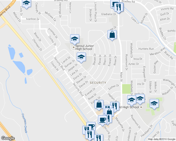 map of restaurants, bars, coffee shops, grocery stores, and more near 1301 Hallam Avenue in Colorado Springs