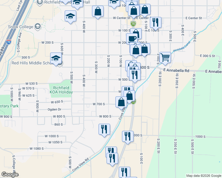 map of restaurants, bars, coffee shops, grocery stores, and more near 581 South 200 West in Richfield