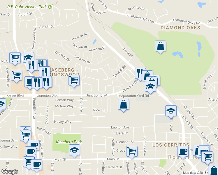 map of restaurants, bars, coffee shops, grocery stores, and more near 307 Greenmore Way in Roseville