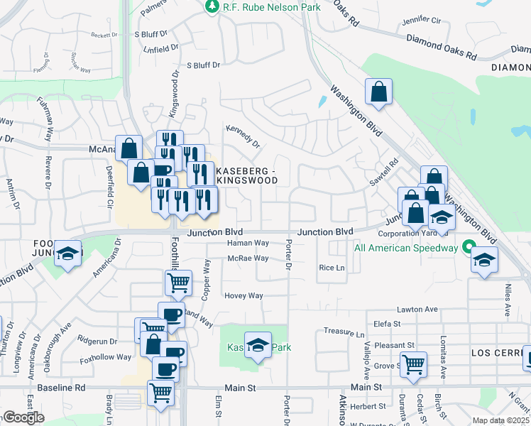 map of restaurants, bars, coffee shops, grocery stores, and more near 1308 Kingswood Drive in Roseville