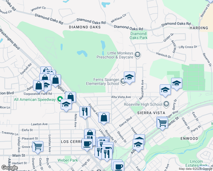 map of restaurants, bars, coffee shops, grocery stores, and more near 313 Saint Andrews Drive in Roseville
