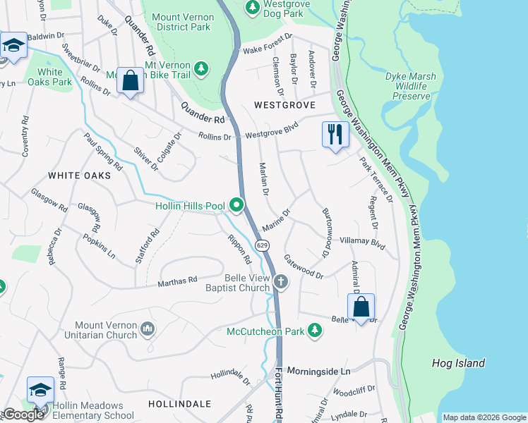 map of restaurants, bars, coffee shops, grocery stores, and more near 7210 Marlan Drive in Alexandria