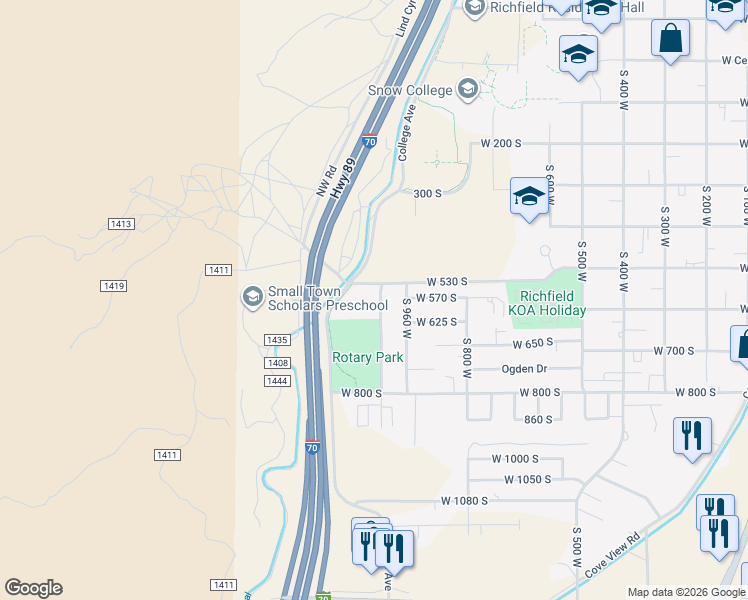 map of restaurants, bars, coffee shops, grocery stores, and more near 590 South 1000 West in Richfield