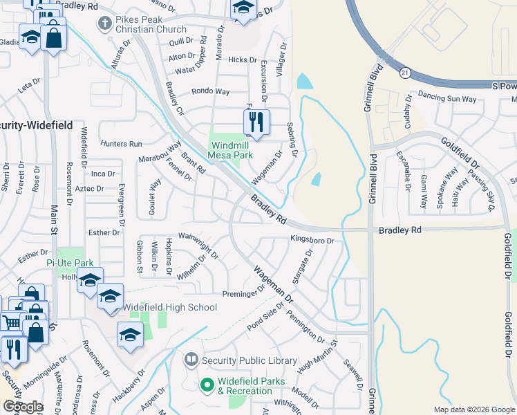 map of restaurants, bars, coffee shops, grocery stores, and more near 5630 Almont Avenue in Colorado Springs