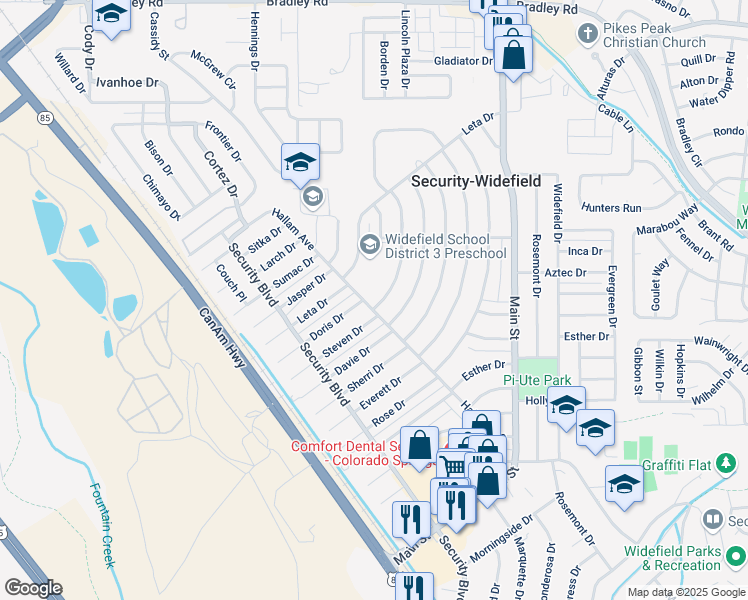map of restaurants, bars, coffee shops, grocery stores, and more near 1301 Hallam Avenue in Colorado Springs