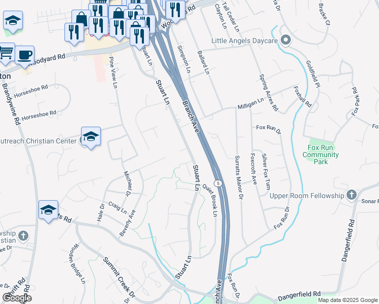 map of restaurants, bars, coffee shops, grocery stores, and more near Stuart Lane in Clinton