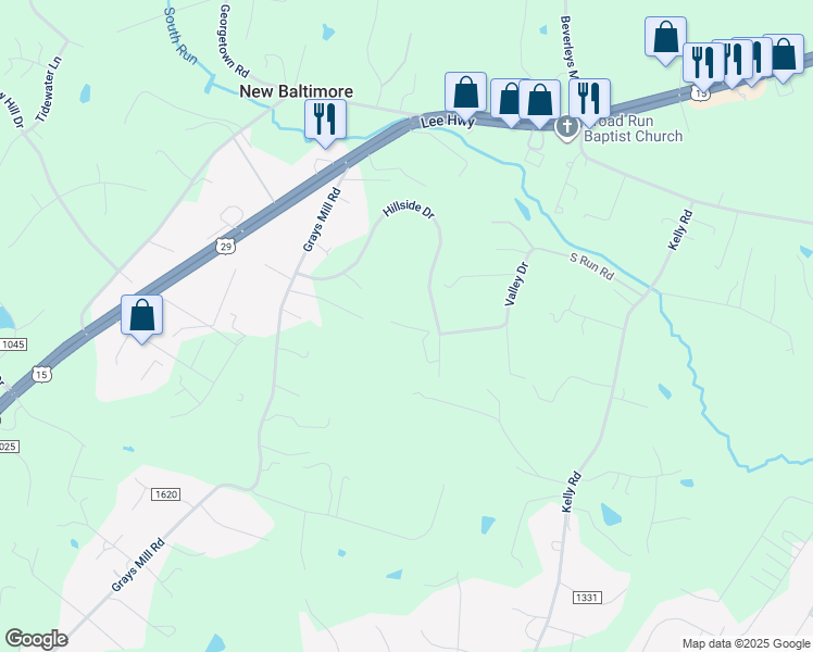 map of restaurants, bars, coffee shops, grocery stores, and more near 5227 Hillside Drive in Warrenton