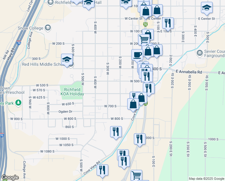 map of restaurants, bars, coffee shops, grocery stores, and more near 250 West 600 South in Richfield