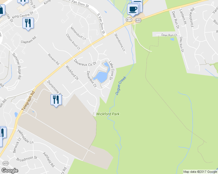 map of restaurants, bars, coffee shops, grocery stores, and more near 7211 Lake Cove Drive in Alexandria