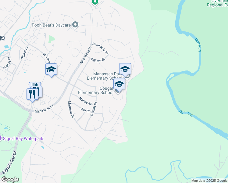 map of restaurants, bars, coffee shops, grocery stores, and more near 9330 Brandon Street in Manassas