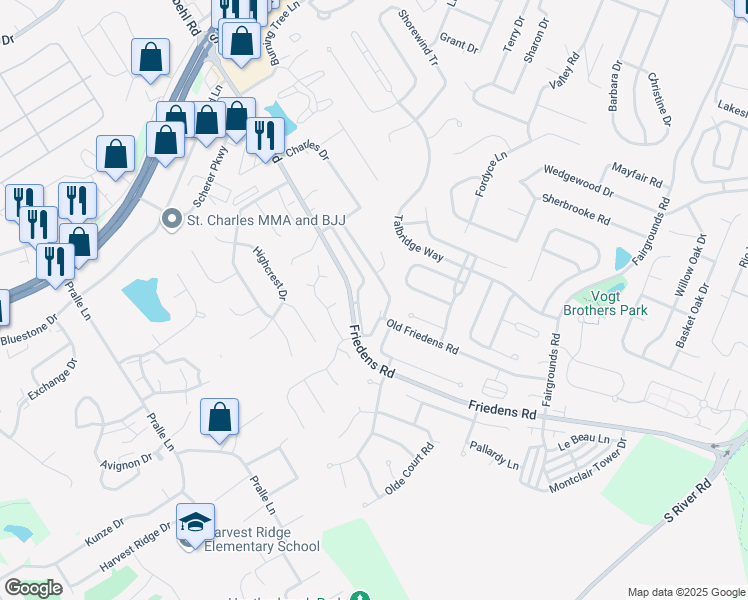 map of restaurants, bars, coffee shops, grocery stores, and more near in Saint Charles
