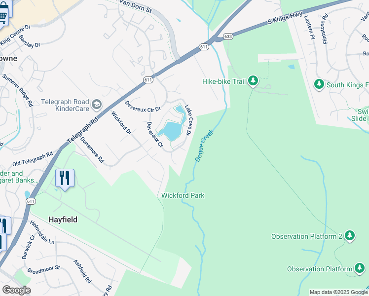 map of restaurants, bars, coffee shops, grocery stores, and more near 7211 Lake Cove Drive in Alexandria
