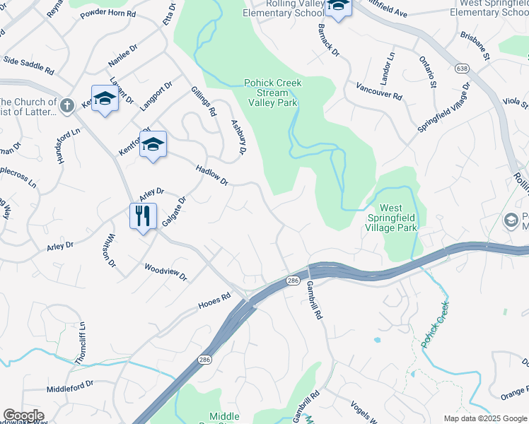 map of restaurants, bars, coffee shops, grocery stores, and more near 7223 Hadlow Drive in Springfield