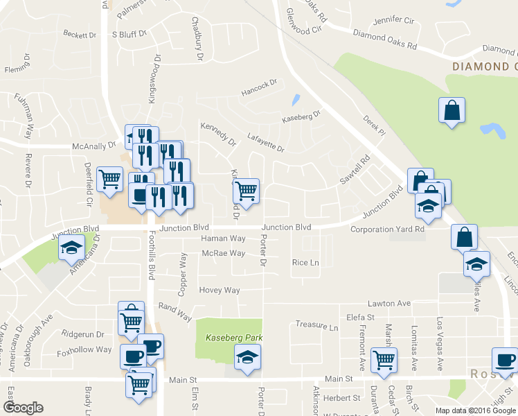 map of restaurants, bars, coffee shops, grocery stores, and more near 374 Sawtell Road in Roseville