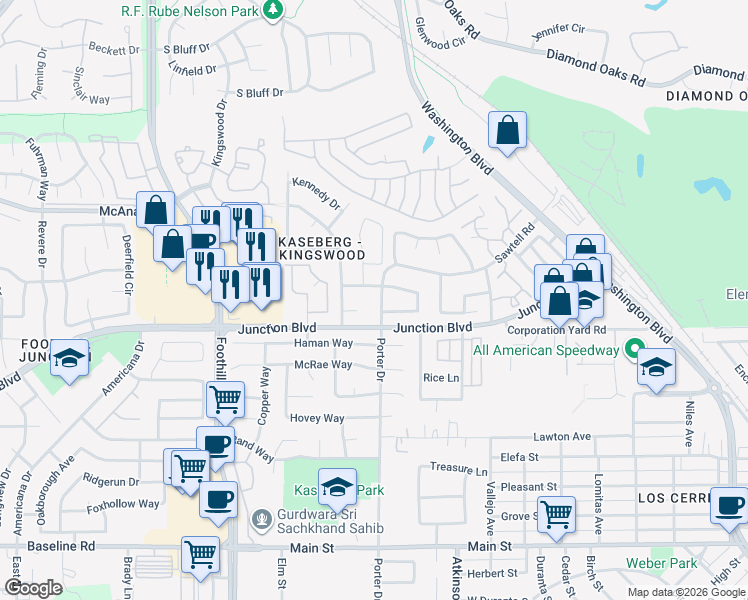 map of restaurants, bars, coffee shops, grocery stores, and more near 374 Sawtell Road in Roseville