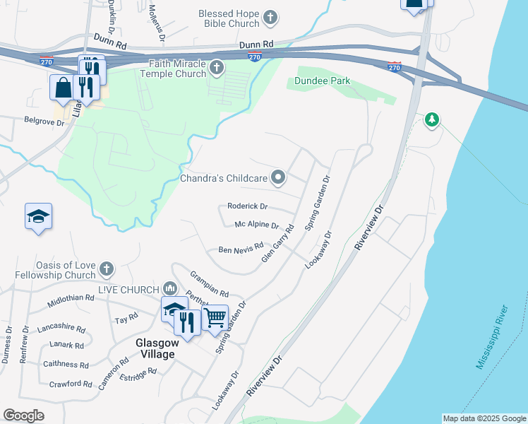 map of restaurants, bars, coffee shops, grocery stores, and more near 138 Roderick Drive in Saint Louis