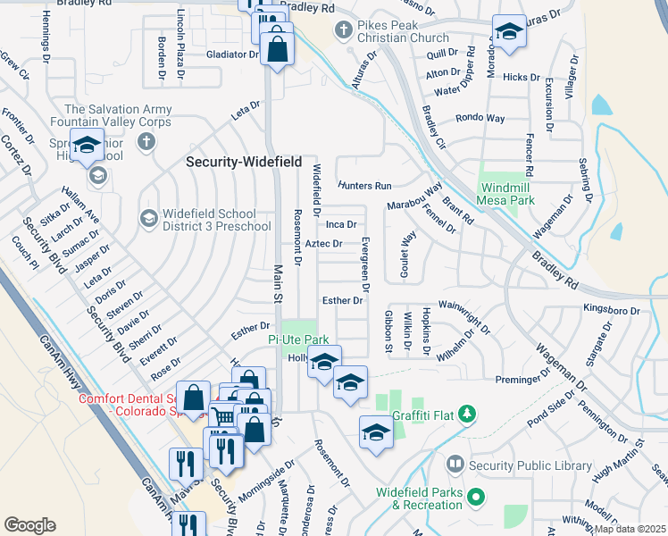 map of restaurants, bars, coffee shops, grocery stores, and more near 509 Cottonwood Drive in Colorado Springs