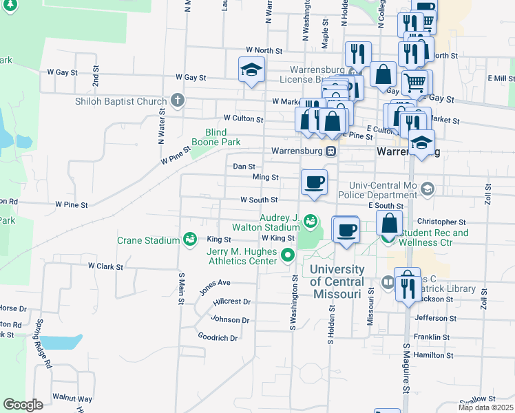map of restaurants, bars, coffee shops, grocery stores, and more near 300 West South Street in Warrensburg