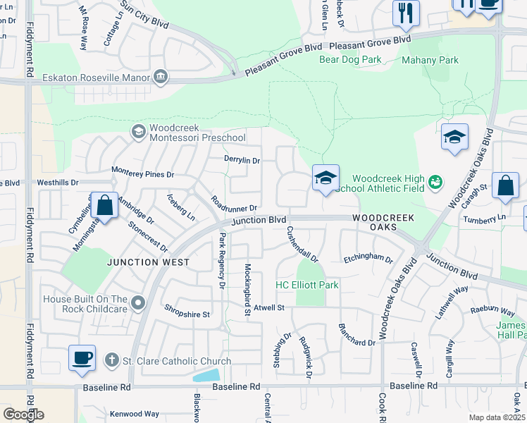 map of restaurants, bars, coffee shops, grocery stores, and more near 1628 Roadrunner Drive in Roseville