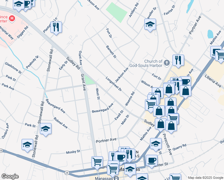 map of restaurants, bars, coffee shops, grocery stores, and more near 9003 Jackson Avenue in Manassas