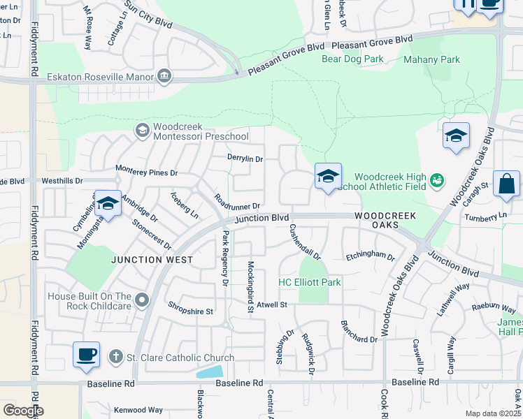 map of restaurants, bars, coffee shops, grocery stores, and more near 1628 Roadrunner Drive in Roseville