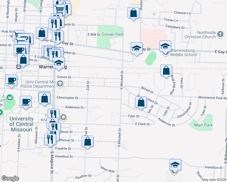map of restaurants, bars, coffee shops, grocery stores, and more near 614 Broad Street in Warrensburg