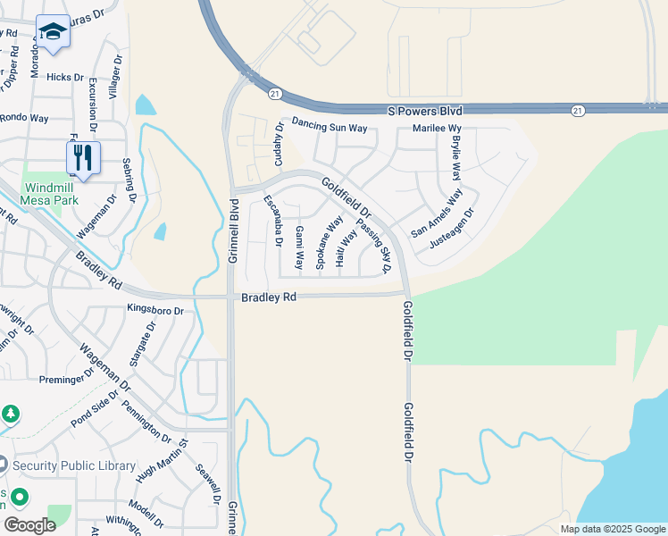 map of restaurants, bars, coffee shops, grocery stores, and more near 4970 Haiti Way in Colorado Springs