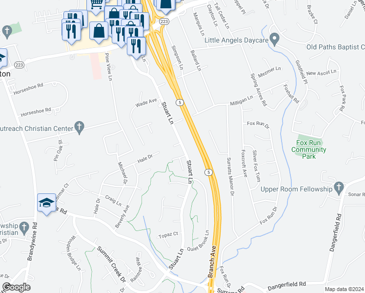 map of restaurants, bars, coffee shops, grocery stores, and more near Stuart Lane in Clinton