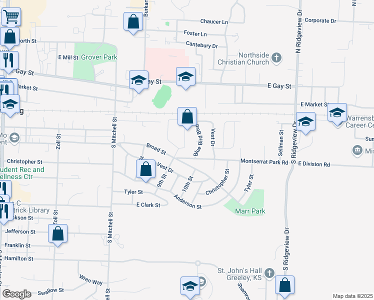 map of restaurants, bars, coffee shops, grocery stores, and more near 904 Ridge Drive in Warrensburg