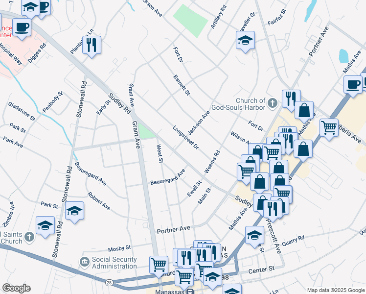 map of restaurants, bars, coffee shops, grocery stores, and more near 9003 Jackson Avenue in Manassas