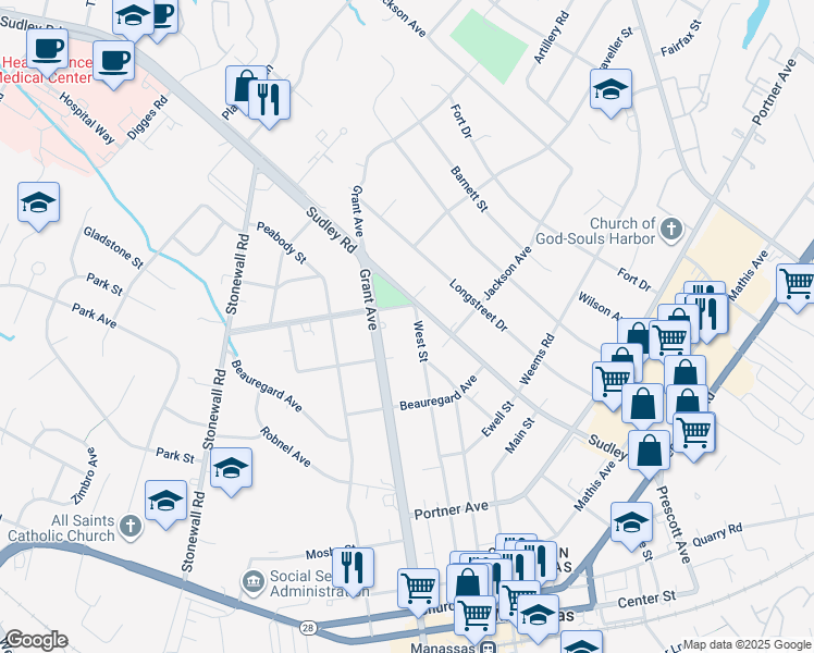 map of restaurants, bars, coffee shops, grocery stores, and more near 9008 West Street in Manassas