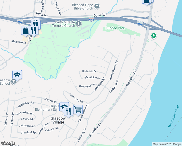 map of restaurants, bars, coffee shops, grocery stores, and more near 138 Roderick Drive in St. Louis