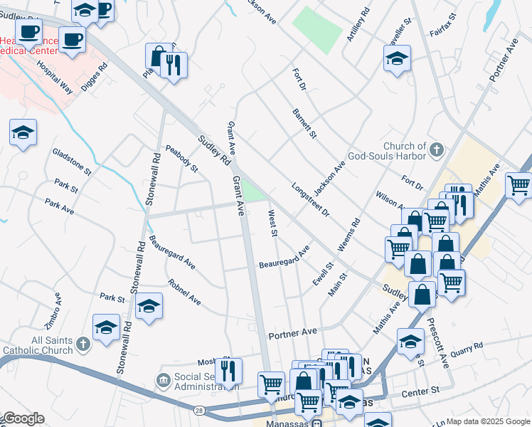 map of restaurants, bars, coffee shops, grocery stores, and more near 9008 West Street in Manassas