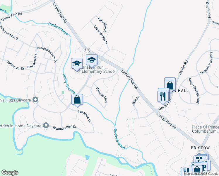 map of restaurants, bars, coffee shops, grocery stores, and more near 13231 Golders Green Place in Bristow