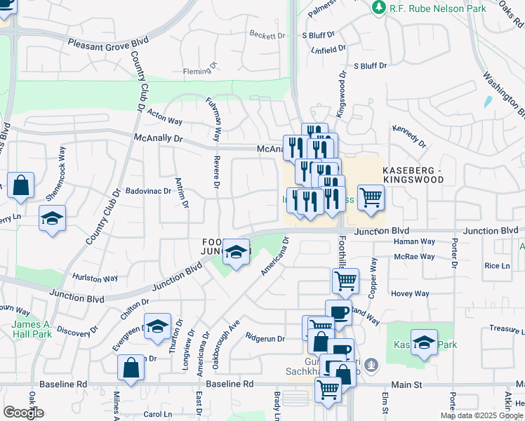 map of restaurants, bars, coffee shops, grocery stores, and more near 407 Quaker Court in Roseville